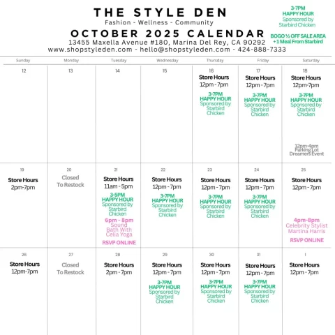 The Style Den Fashion - Wellness - Community October 2025 Calendar